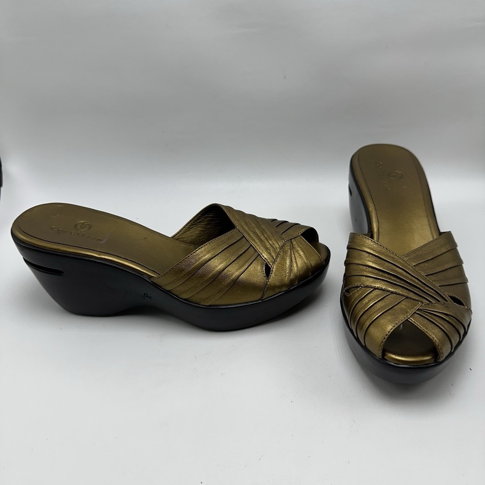Cole Haan Metallic Gold Leather Wedge Slide Sandals Peep Toe Women's 8B NikeAir